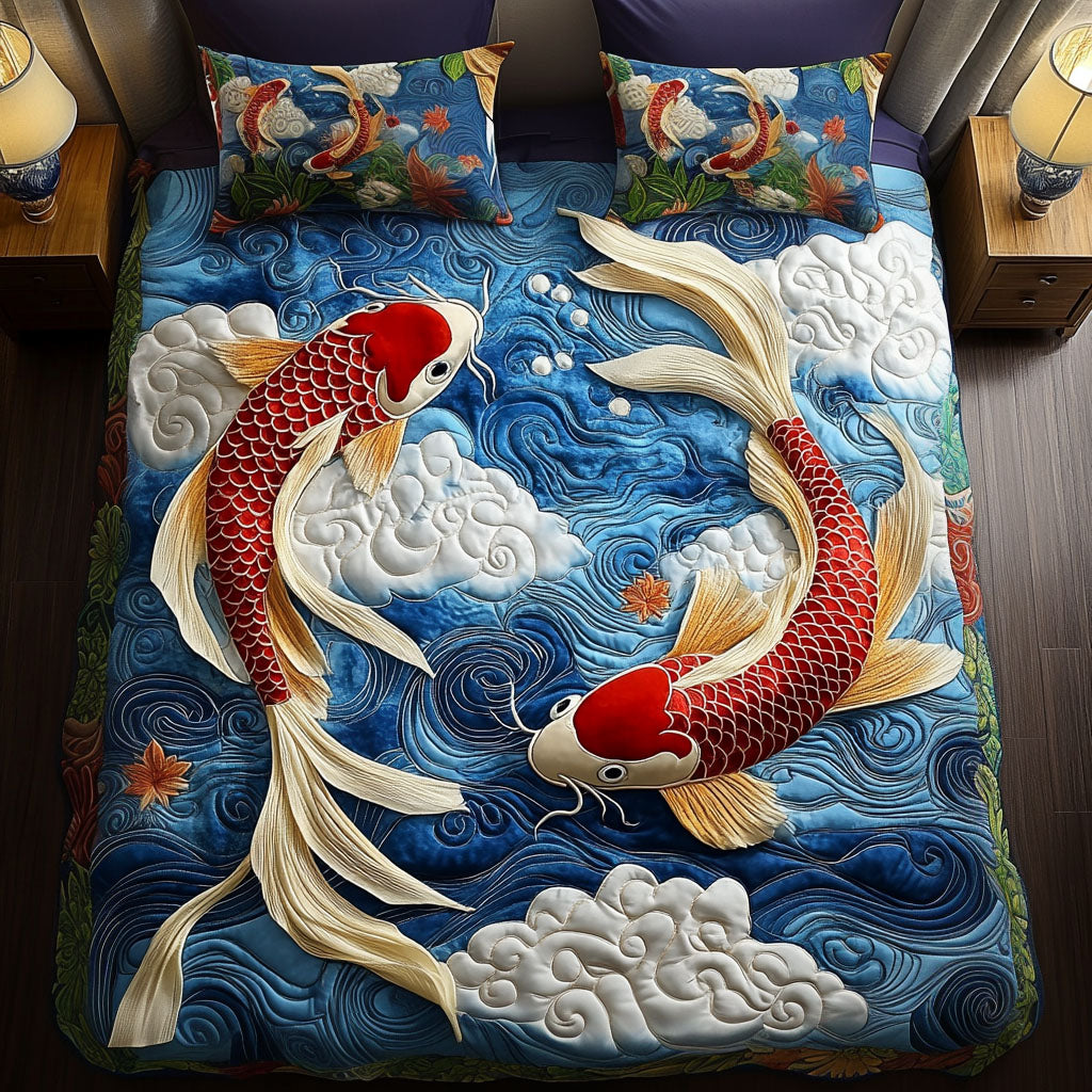 Flowing Koi Quilted Bedding Set Bedroom Decor Gift For Koi Fish Lovers