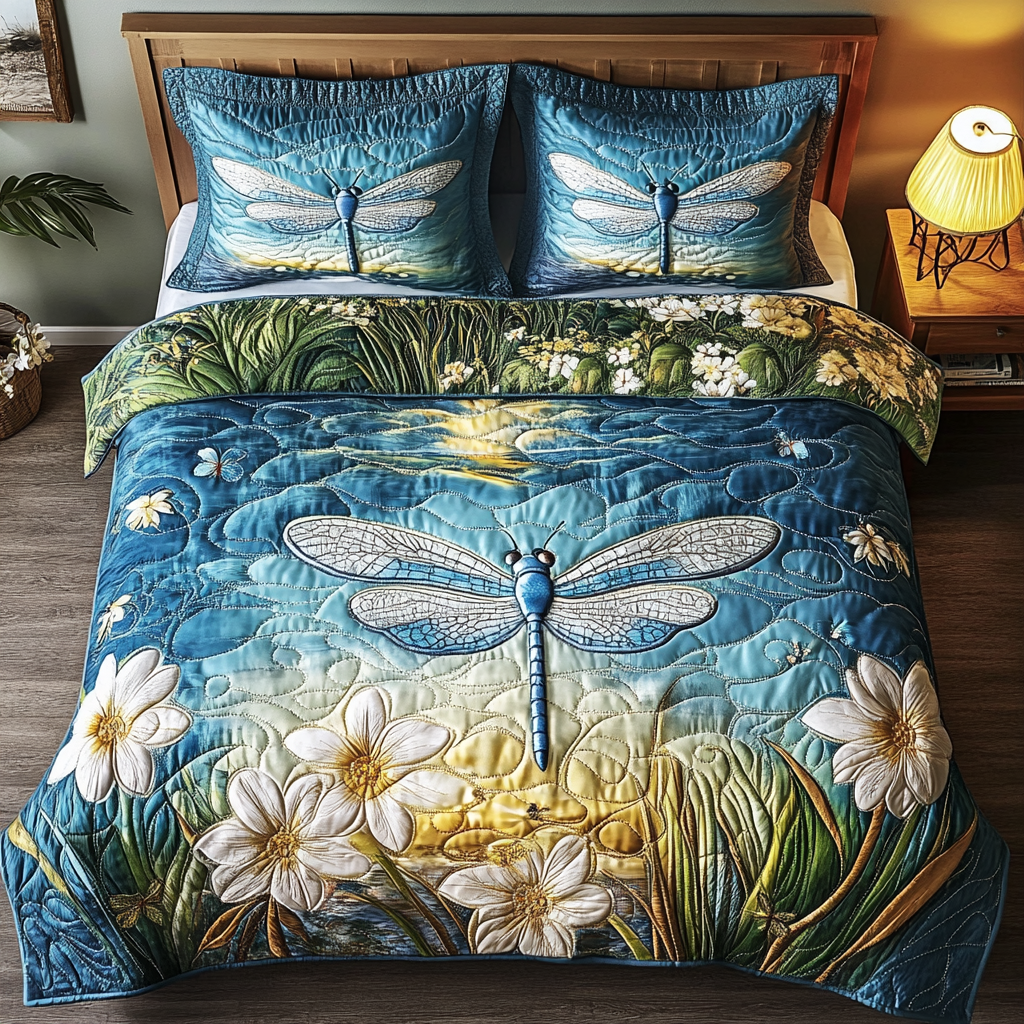 Flowing Wings Quilted Bedding Set Bed Room Decoration Dragonfly Gift Ideas