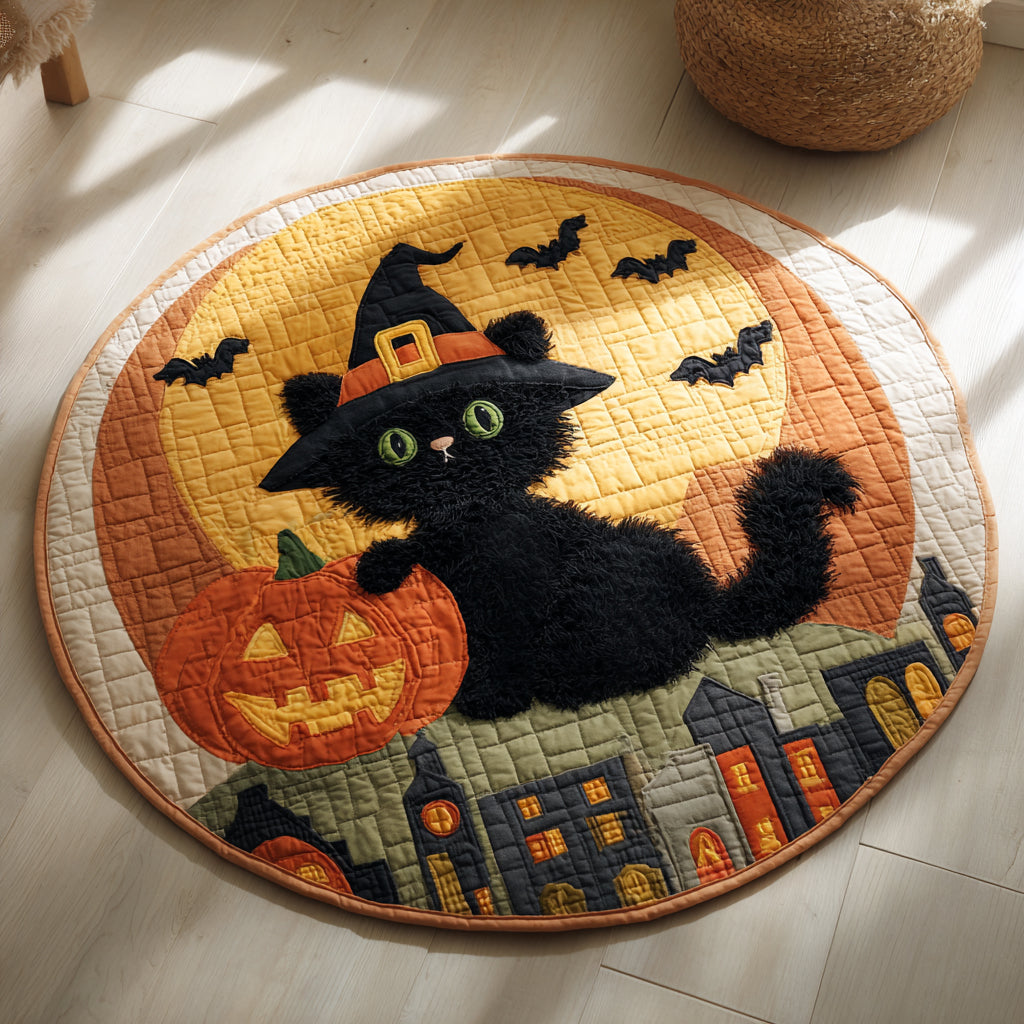 Fluffy Black Cat Quilted Round Mat Entryway Design Ideas Halloween Birthday Gifts