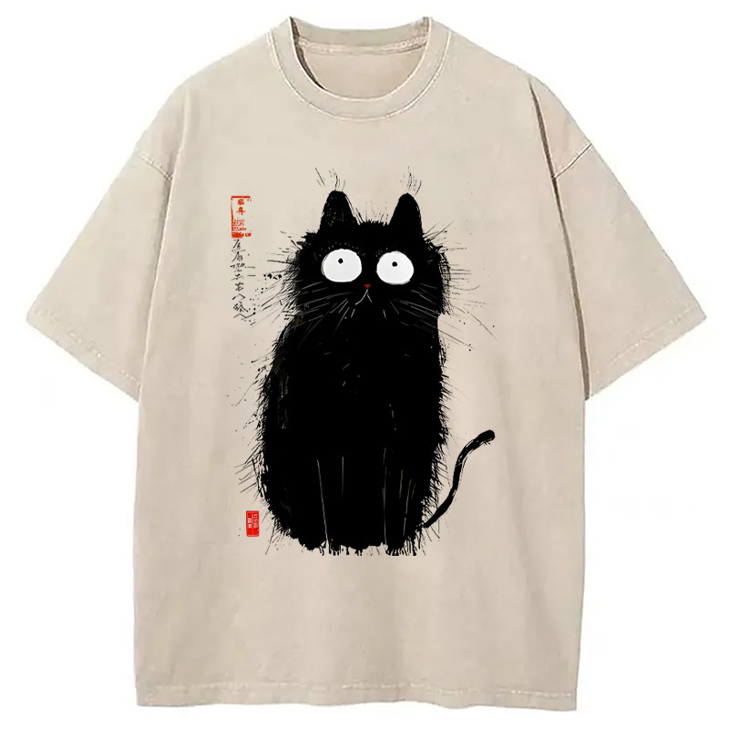Fluffy Black Cat Washed T-Shirt Unique Aesthetic Fashion Tee Gifts For Brother