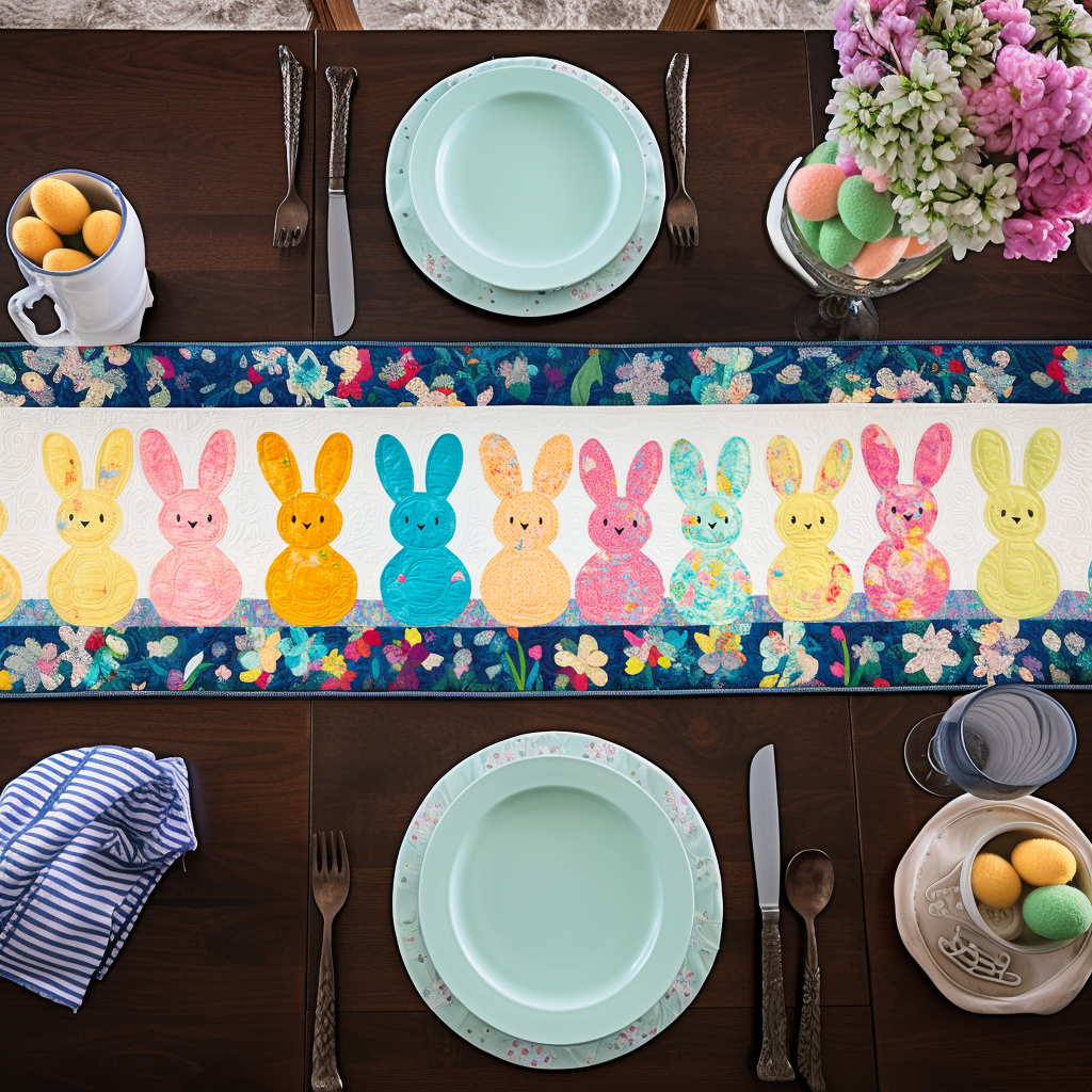 Fluffy Bunny Bliss Quilted Table Runner Elegant Easter Table Decor Gifts For Mom