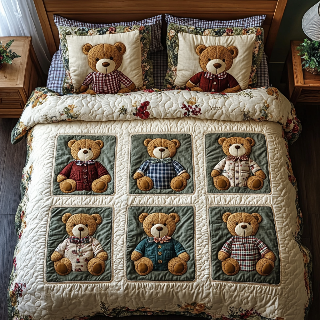 Fluffy Charm Quilted Bedding Set Xmas Holiday Duvet Cover Set Christmas Bear Gifts