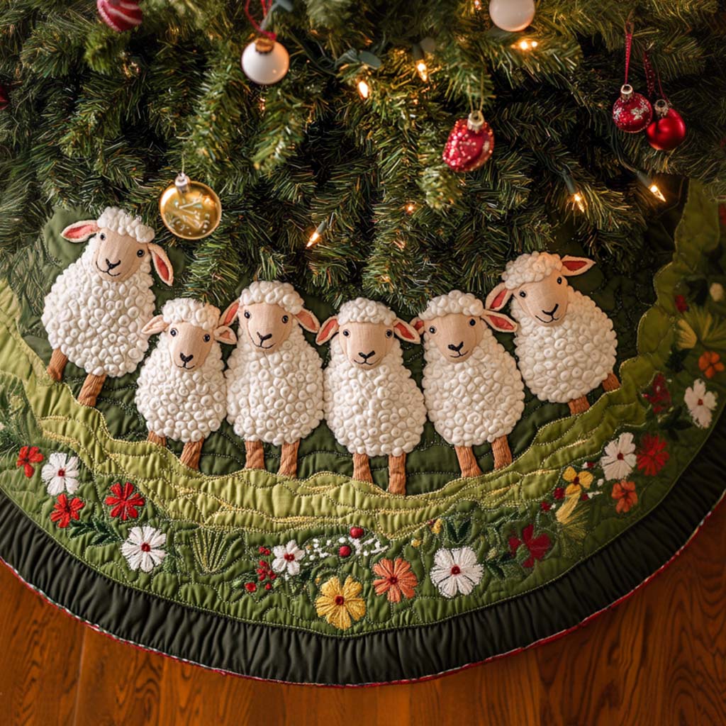Fluffy Cloud Christmas Quilted Tree Skirt Xmas Home Decor Gifts With Sheep On Them