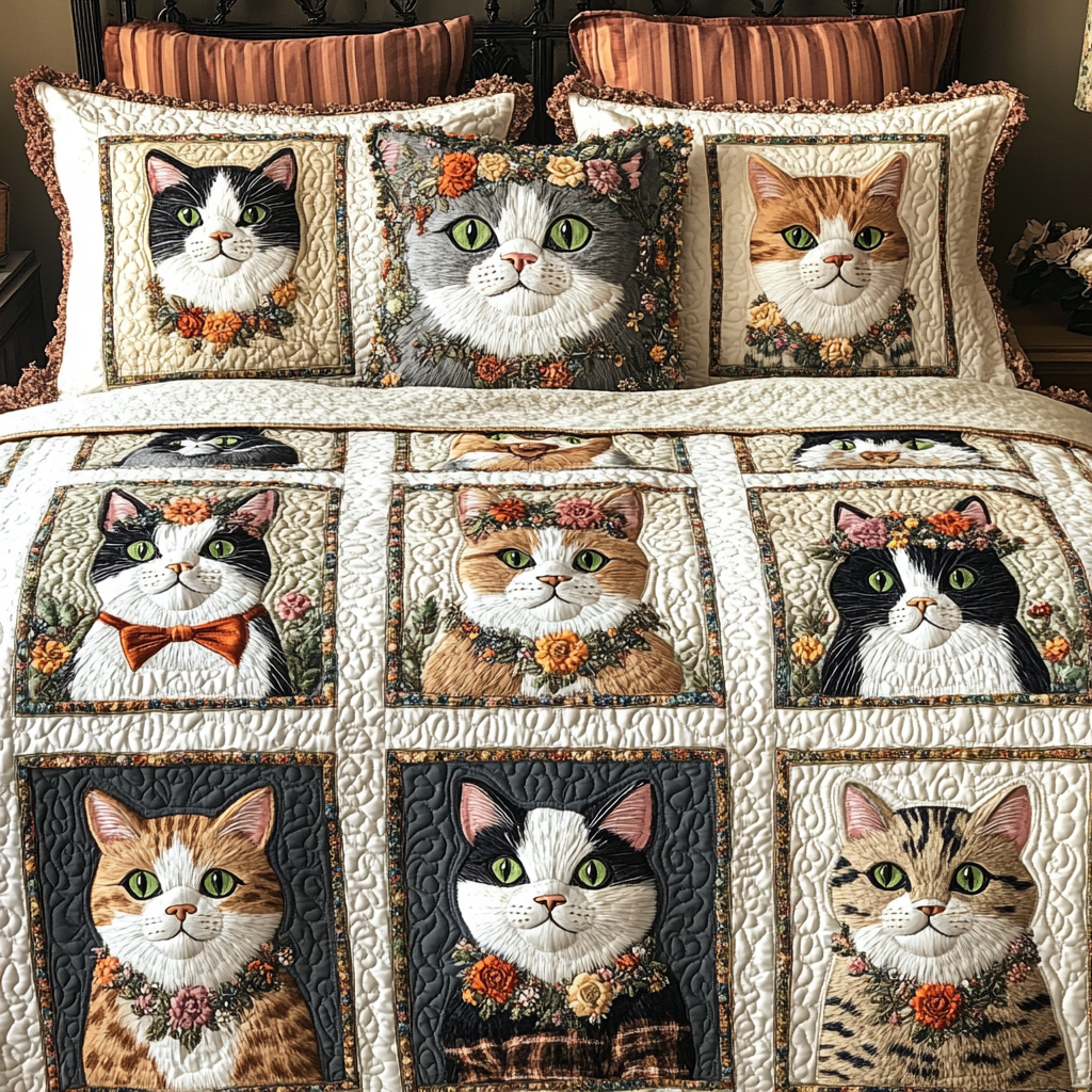 Fluffy Friends Quilted Bedding Set Cute Bedroom Decor Best Christmas Gifts For Cat Lovers
