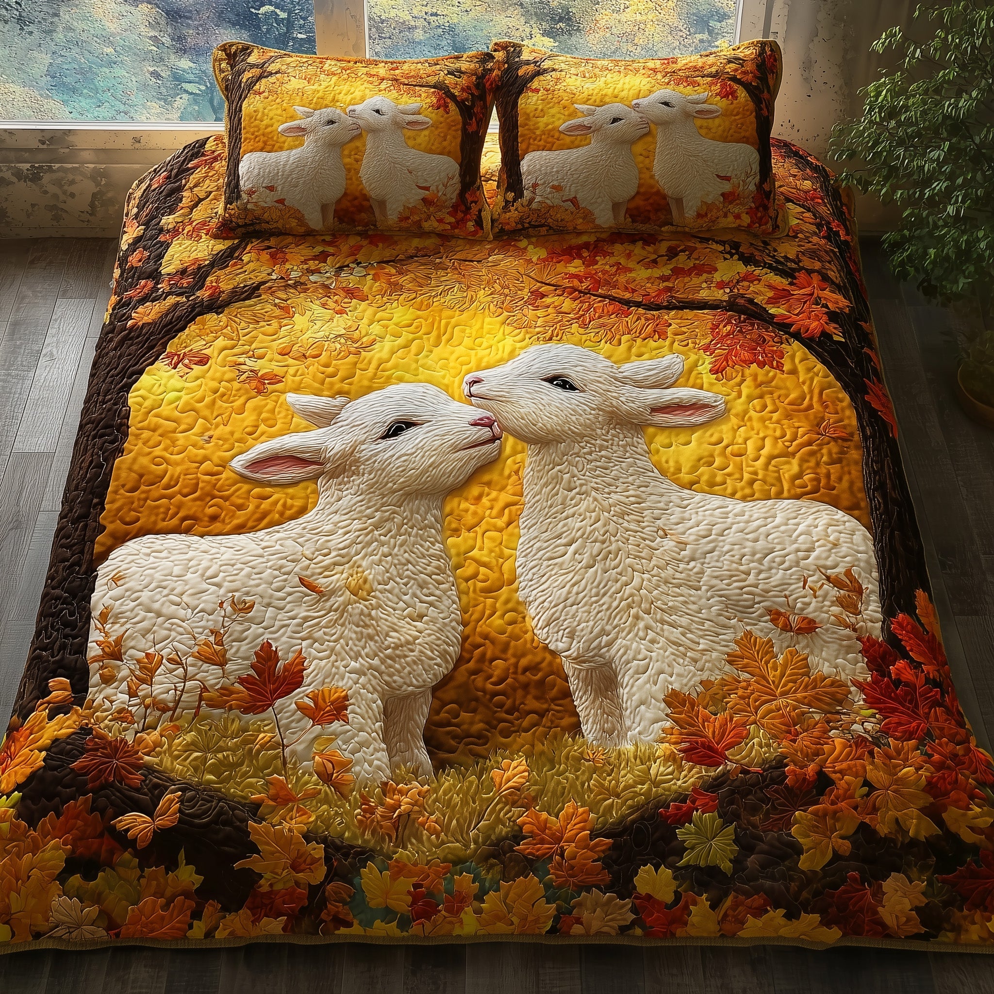 Fluffy Happy Sheep Quilted Bedding Set For Couples