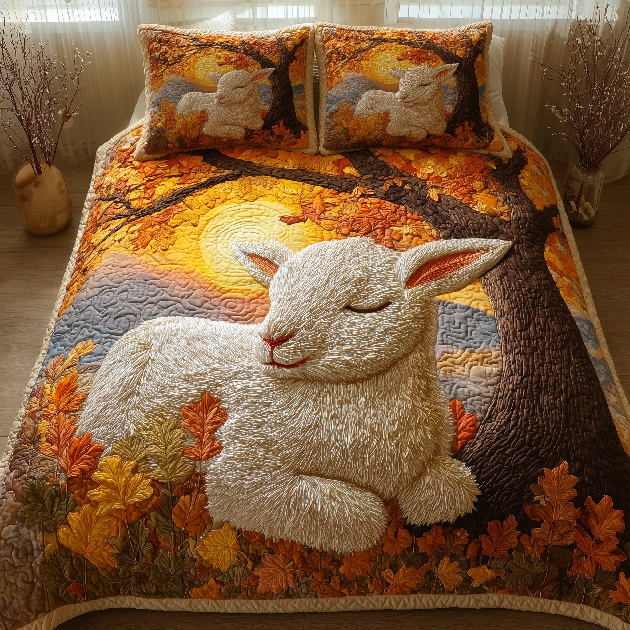 Fluffy Happy Sheep Quilted Bedding Set Geometrical Pattern
