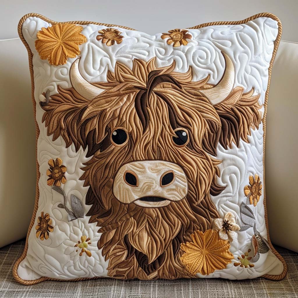 Fluffy Highland Cow Quilted Pillow Case Animal Home Decor Gifts For Cow Lovers