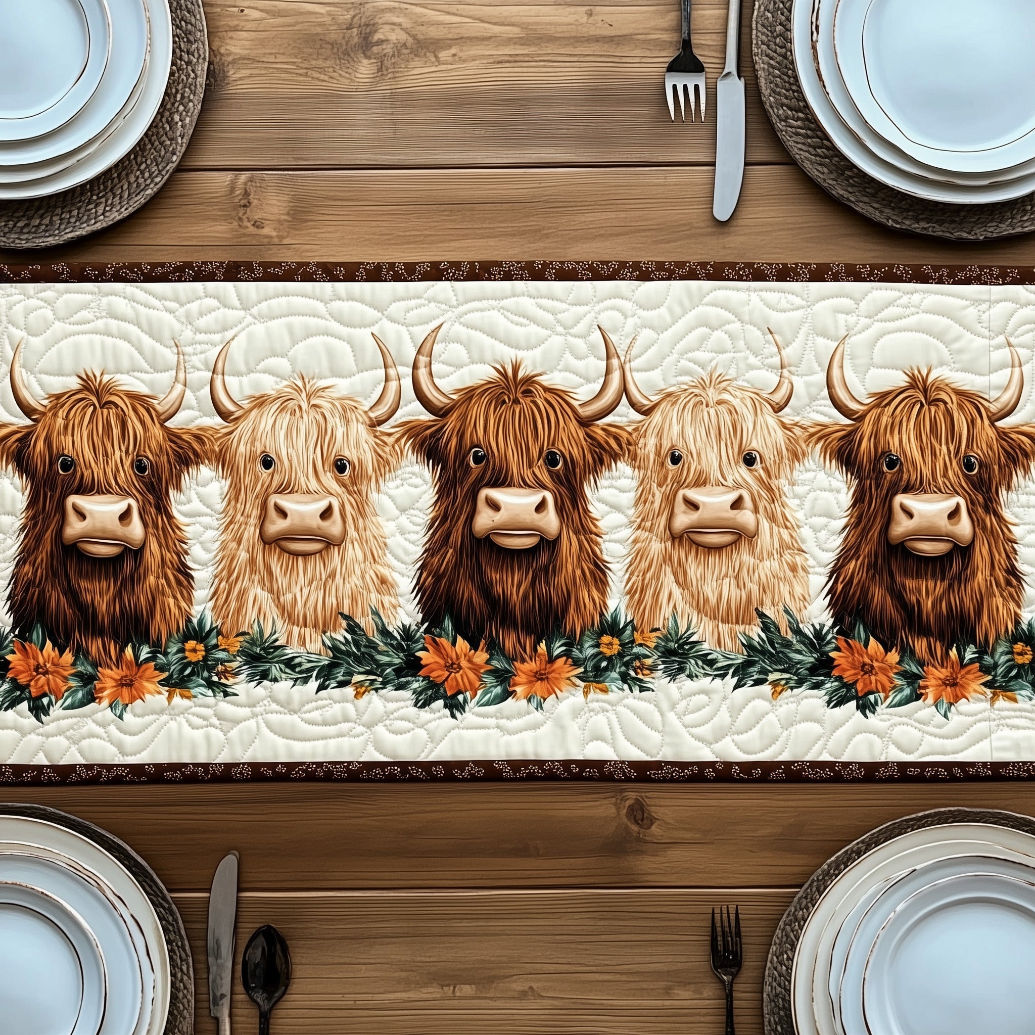 Fluffy Highland Moo Quilted Table Runner Festive Christmas Dining Room Table Runner