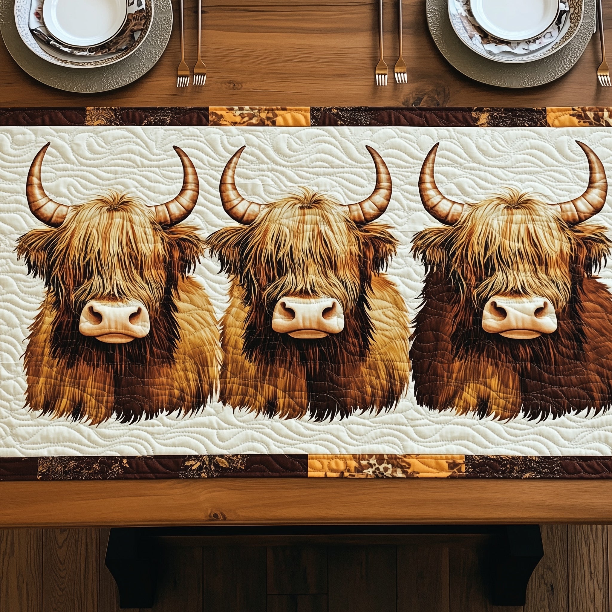 Fluffy Highland Moo Quilted Table Runner Holiday Table Runner for Kitchen Decor