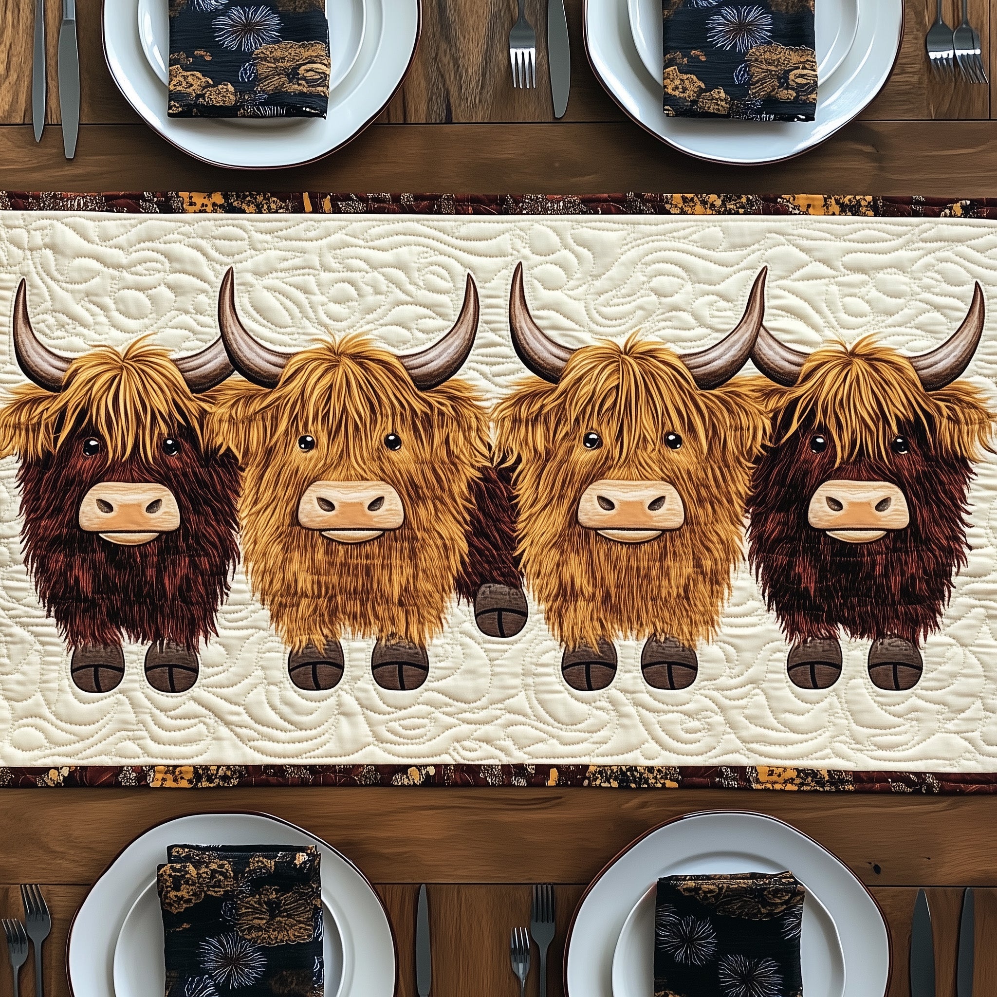 Fluffy Highland Moo Quilted Table Runner Seasonal Table Runner for Holidays