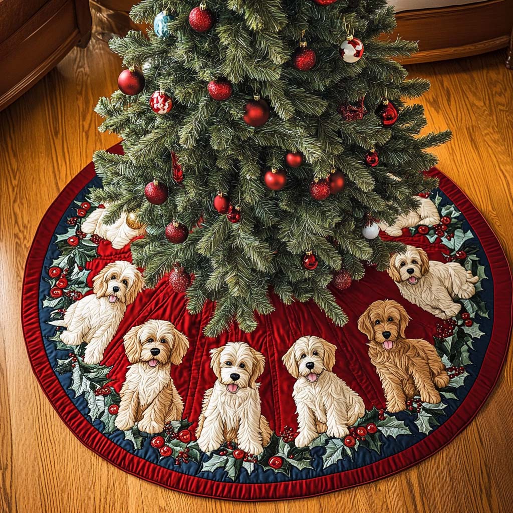 Fluffy Labradoodle Christmas Quilted Tree Skirt Classic Christmas Home Decor Merry And Bright Holiday Decor