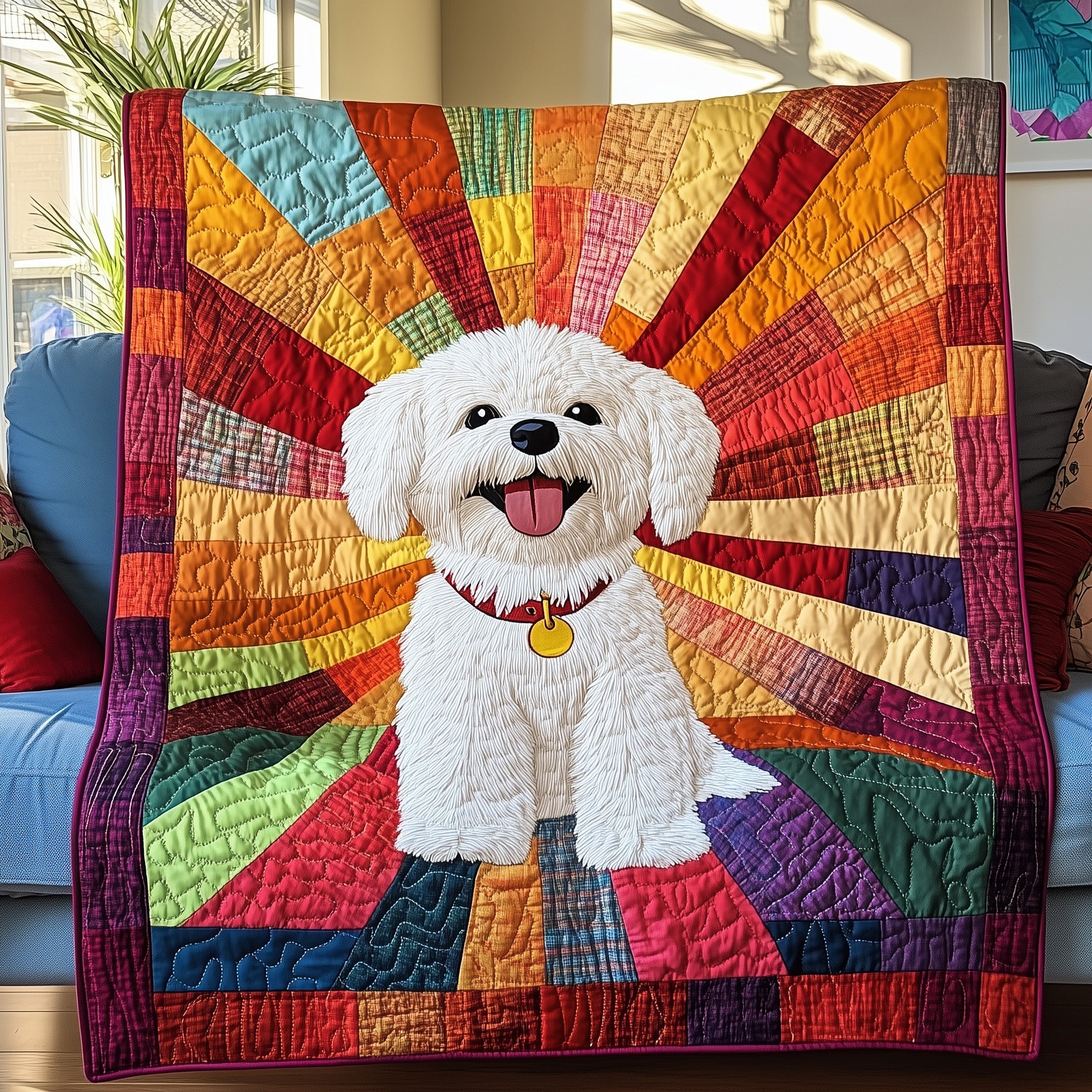 Fluffy Maltese Bichon Quilted Blanket Cute Bed BlanketDog Person Gifts