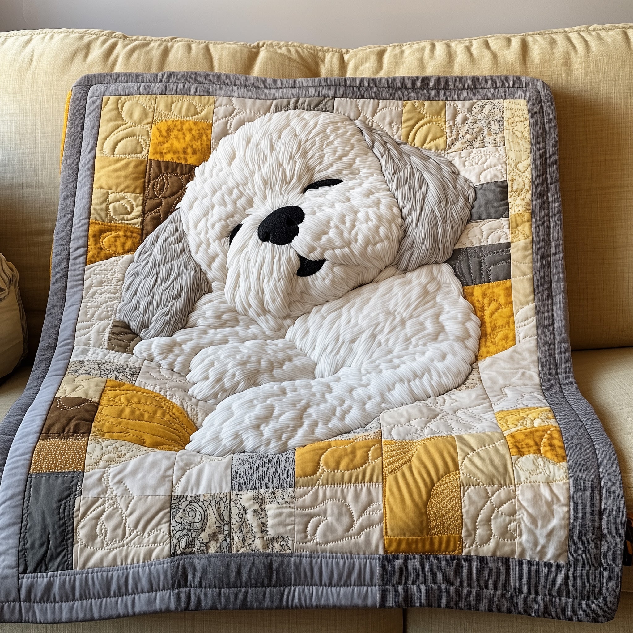 Fluffy Maltese Bichon Quilted Blanket Cute Bed BlanketDog Presents For Humans