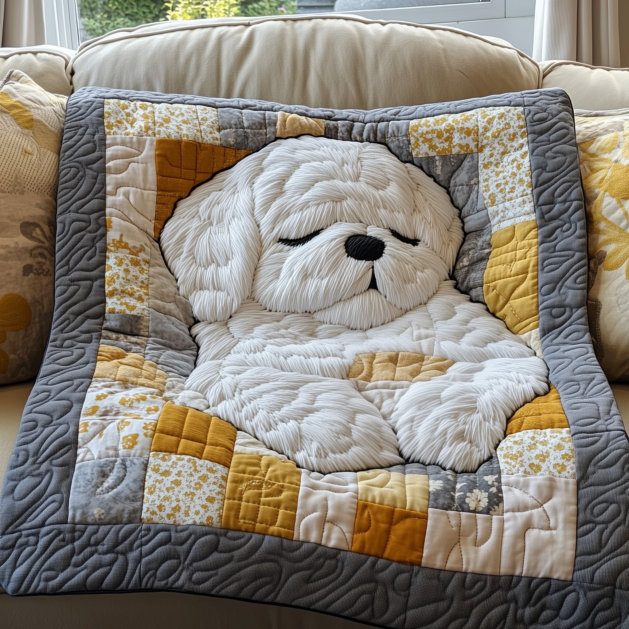 Fluffy Maltese Bichon Quilted Blanket Cute Bed BlanketGifts For Dog Parents