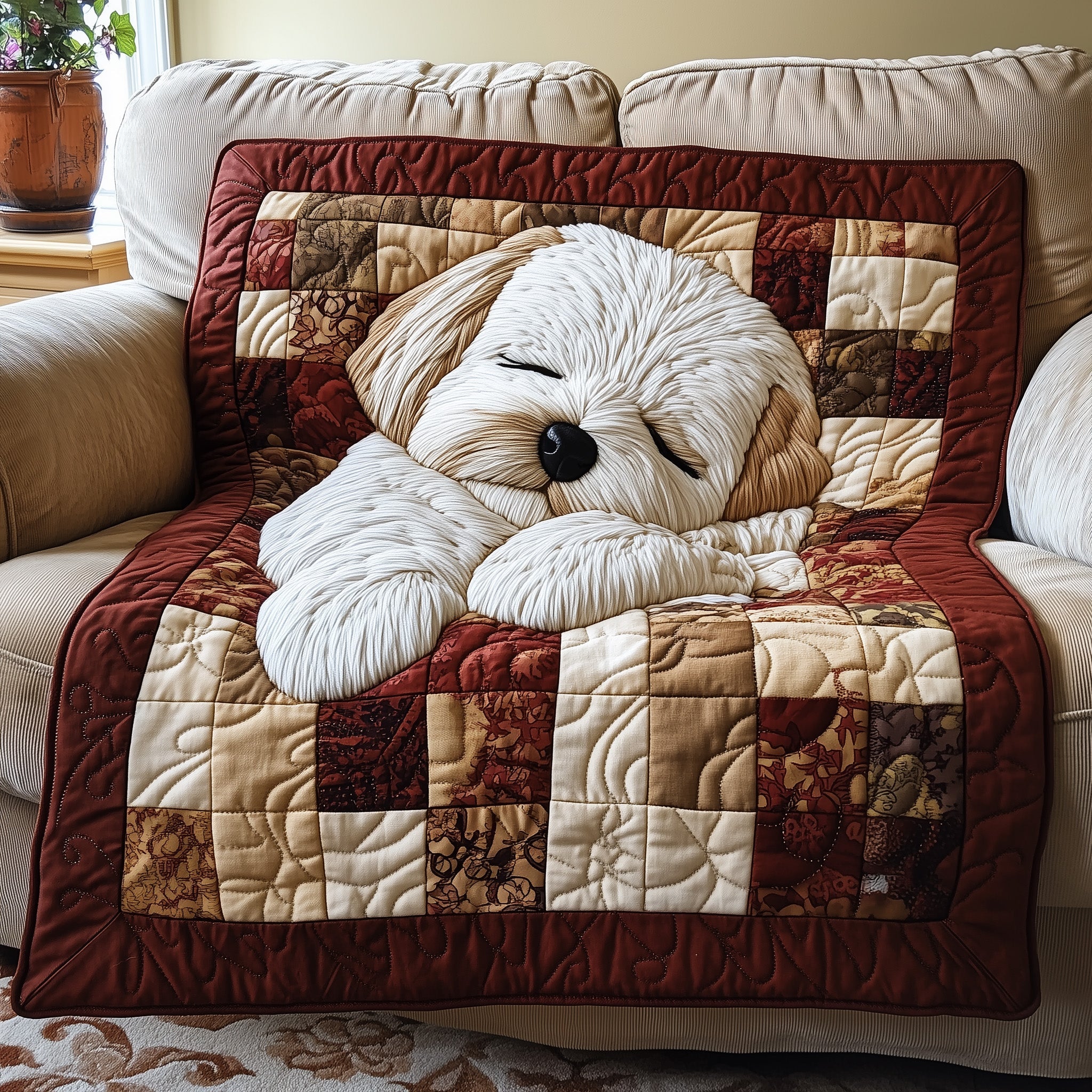 Fluffy Maltese Bichon Quilted Blanket Cute Bed BlanketGifts For New Dog Owners