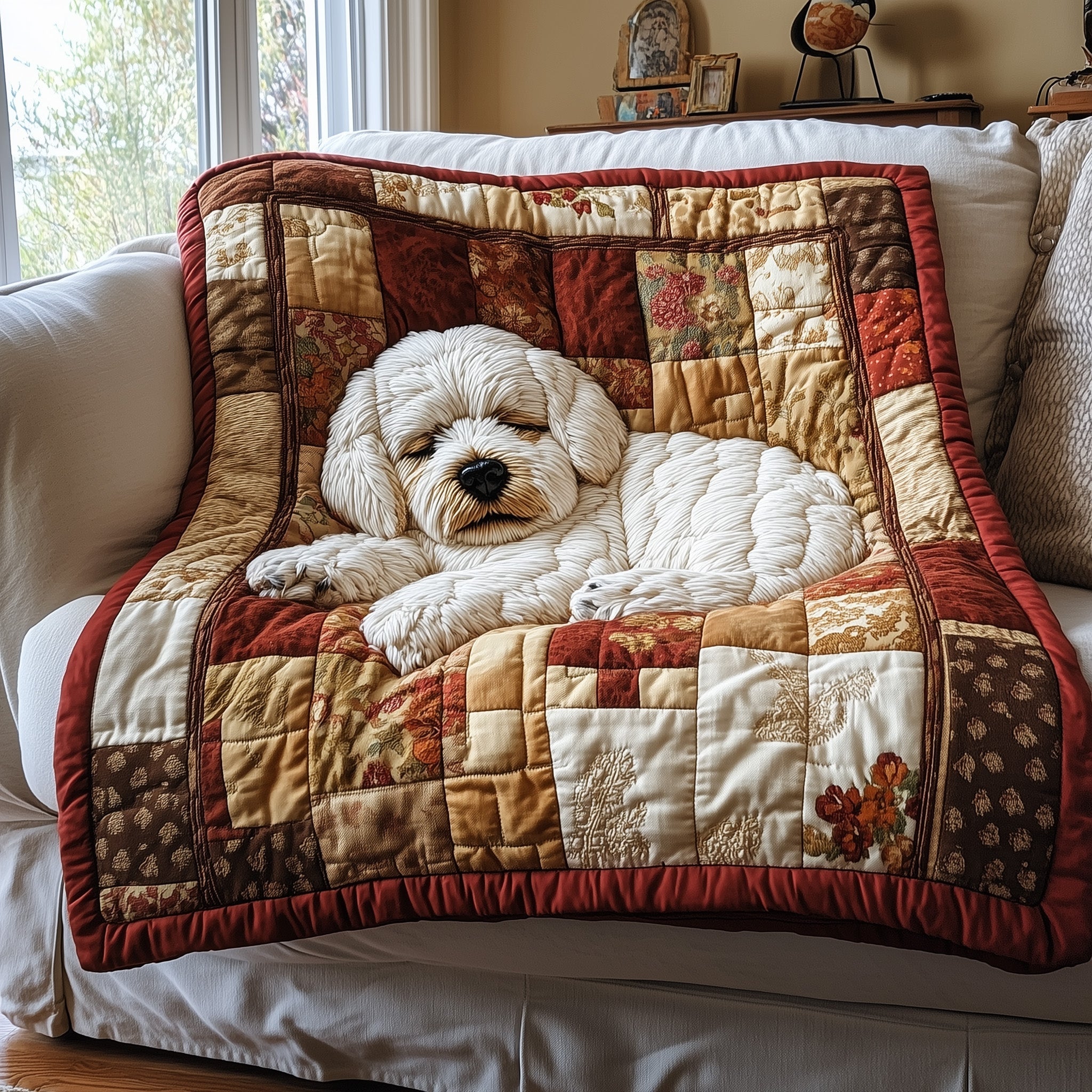 Fluffy Maltese Bichon Quilted Blanket Cute Bed BlanketGifts For People With Dogs