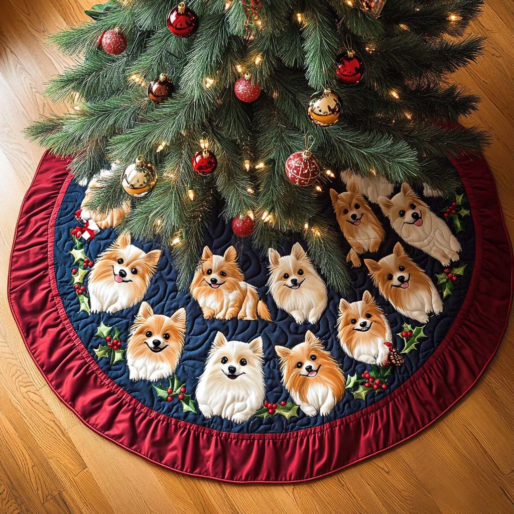 Fluffy Pomeranian Christmas Quilted Tree Skirt Festive Christmas Home Styling Festive Tree Base Cover