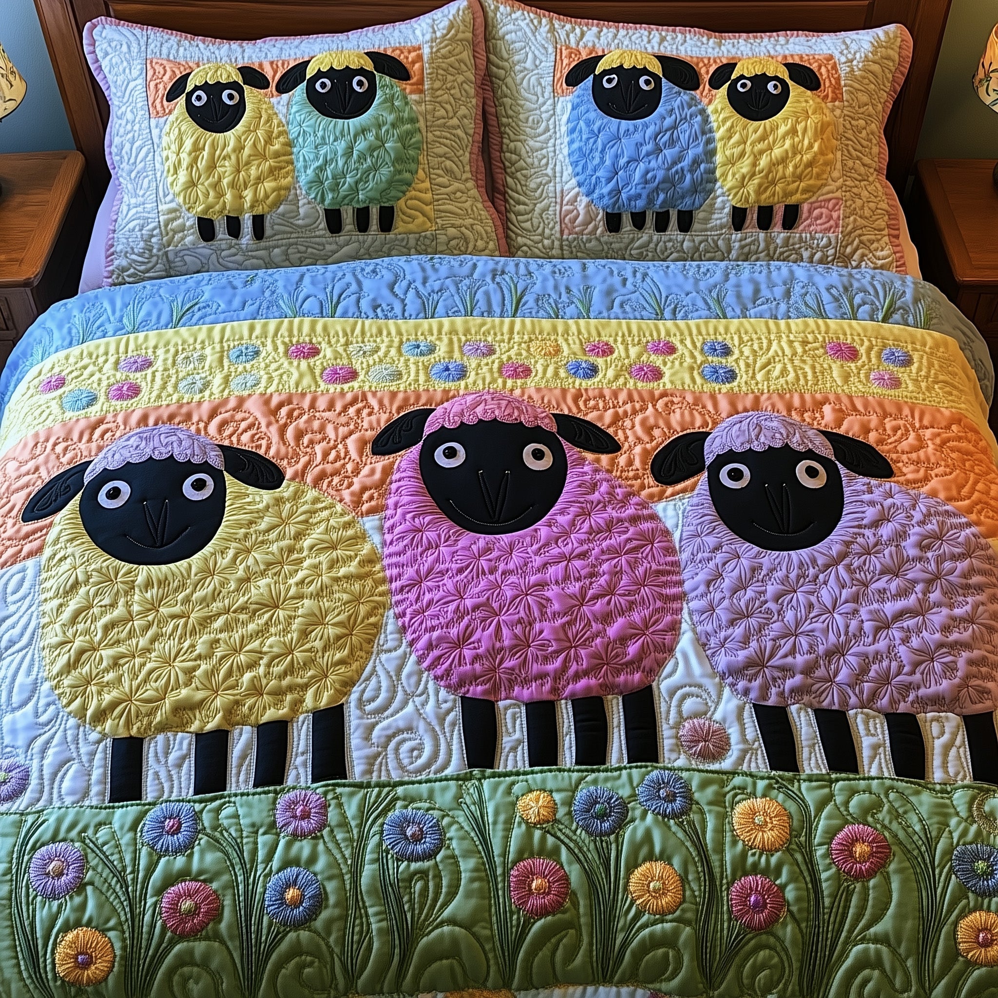 Fluffy Sheep Wonderland Quilted Bedding Set Duvet Cover Bed Sheet Black Sheep Gift Set
