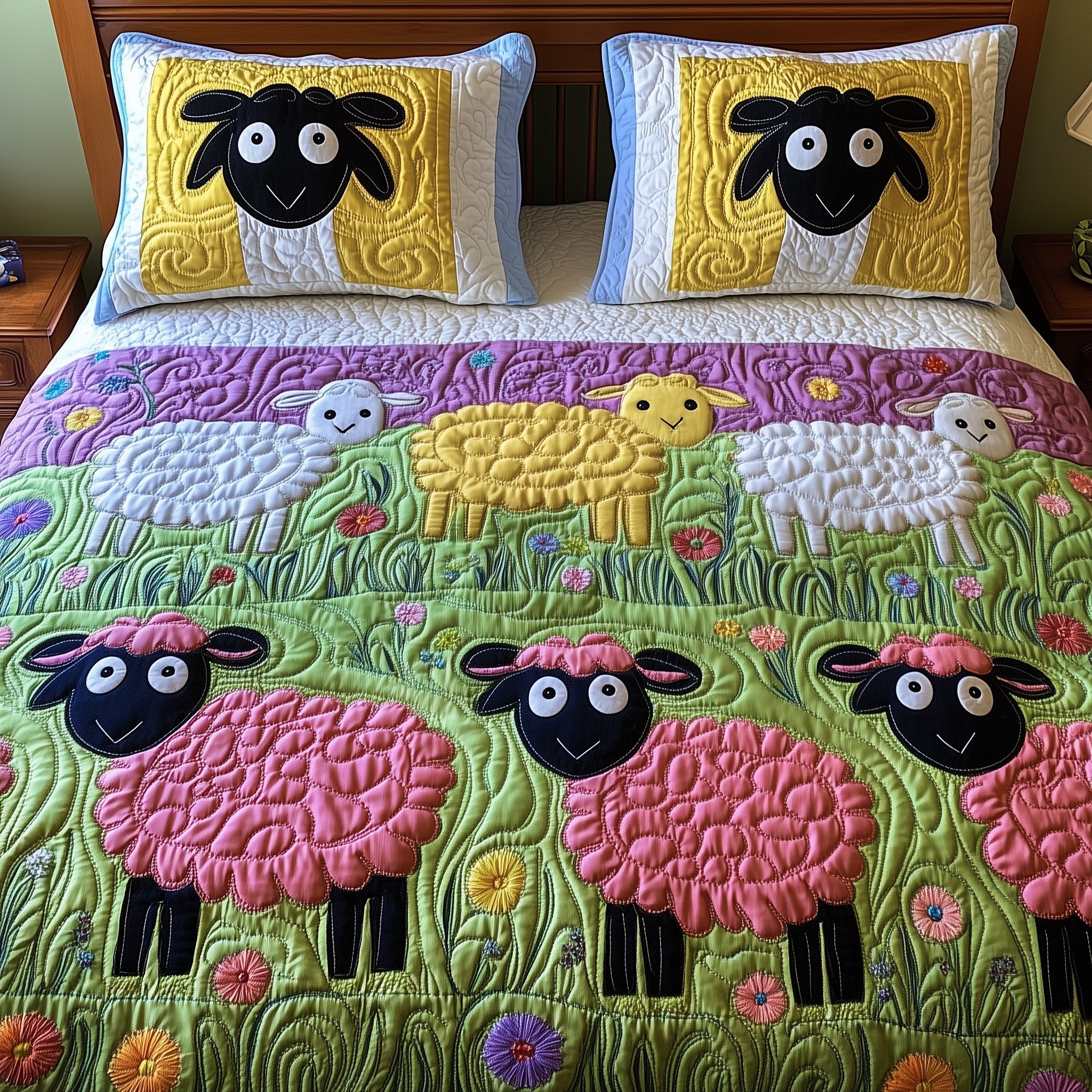 Fluffy Sheep Wonderland Quilted Bedding Set Duvet Cover Bed Sheet Sheep Gifts For Adults