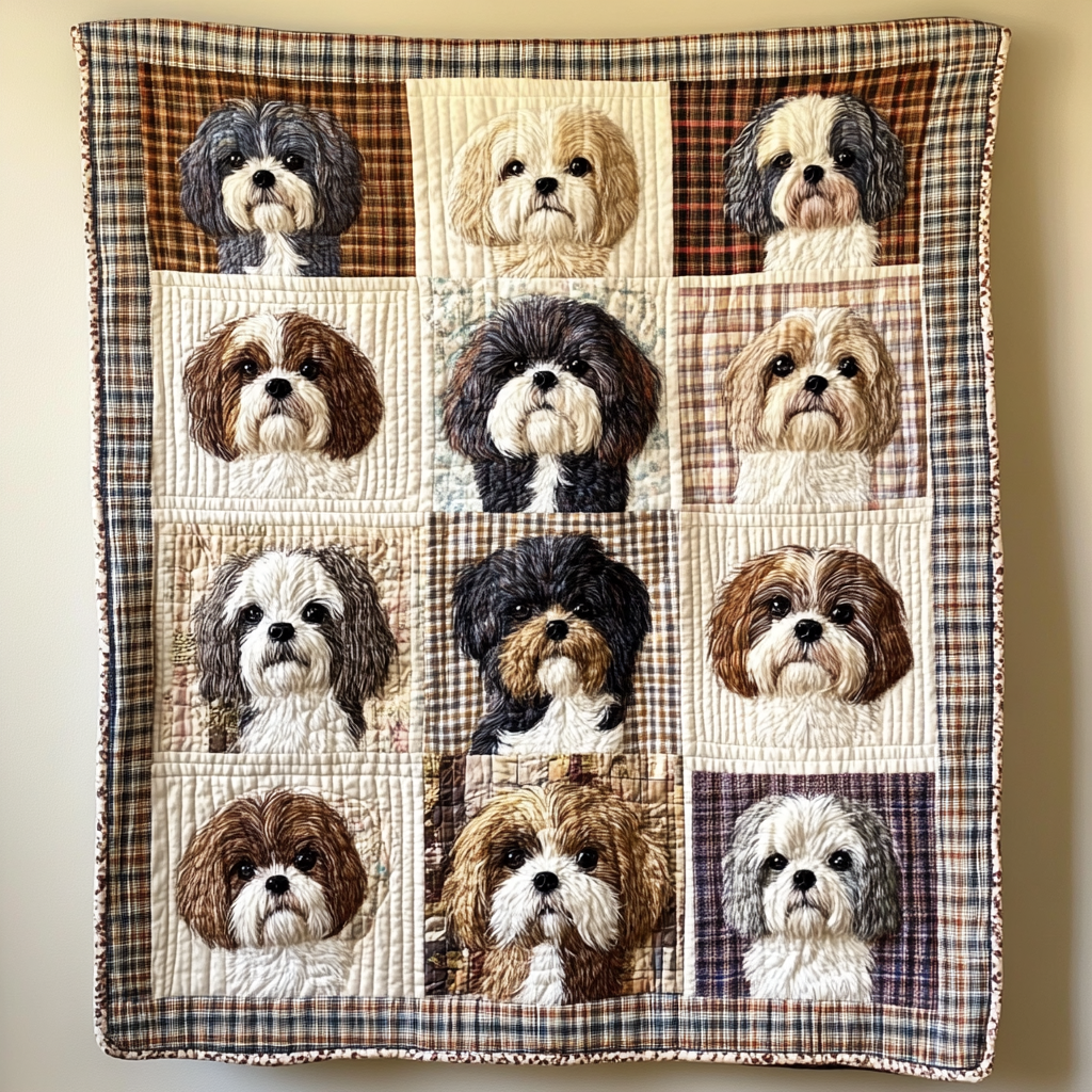Fluffy Shih Tzu Friends Quilted Blanket Gifts For Pet Owners