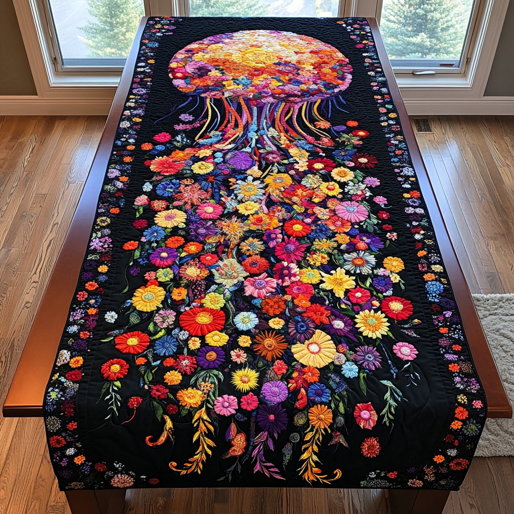 Fluid Motion Quilted Table Runner Ocean Themed Table Runners Jellyfish Gifts For Her