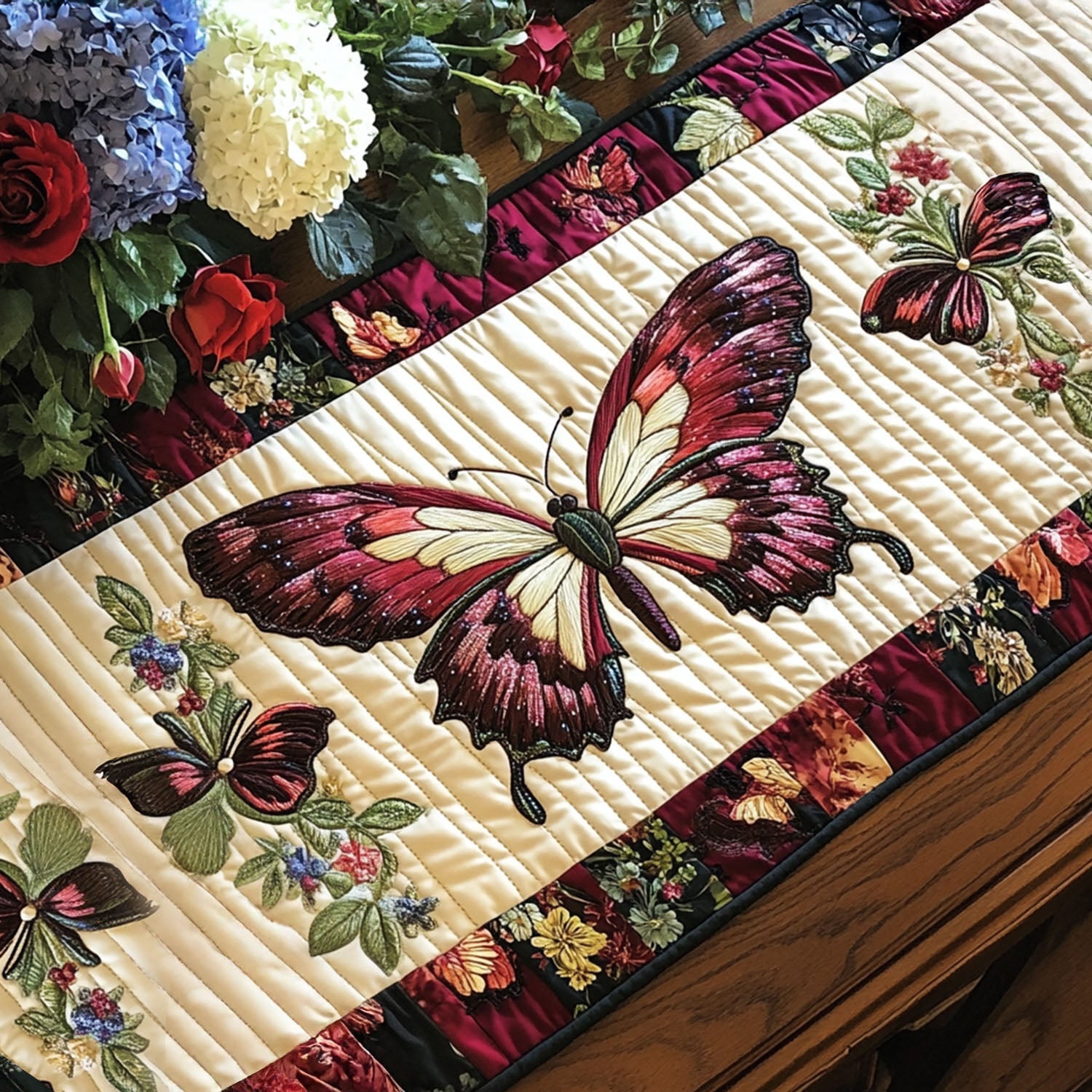 Flutter and Bloom Quilted Table Runner Dining Room Centerpieces Butterfly Gifts For Lady