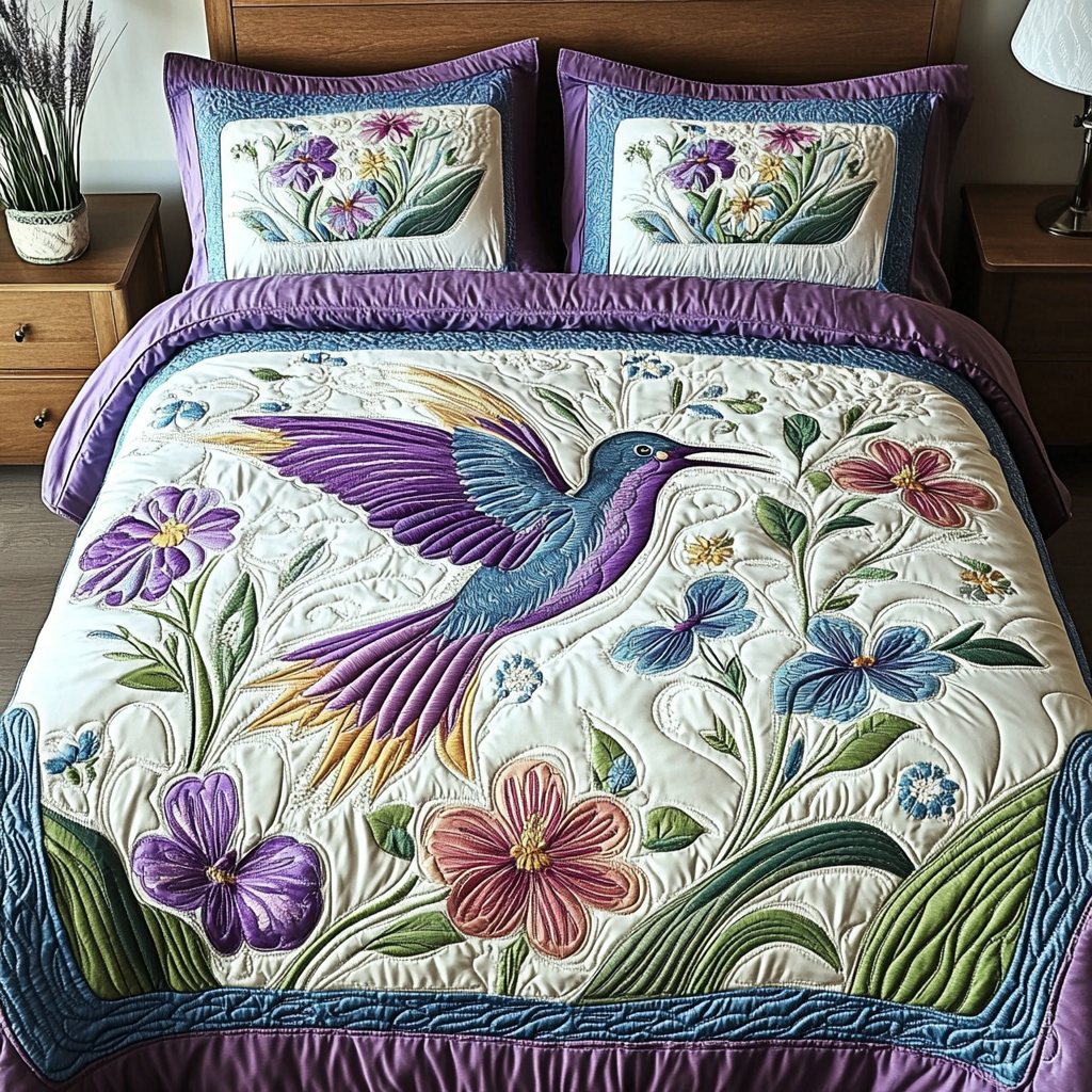Flutter Bloom Quilted Bedding Set Unique Bed Sheet Set Gifts For Hummingbird Lovers