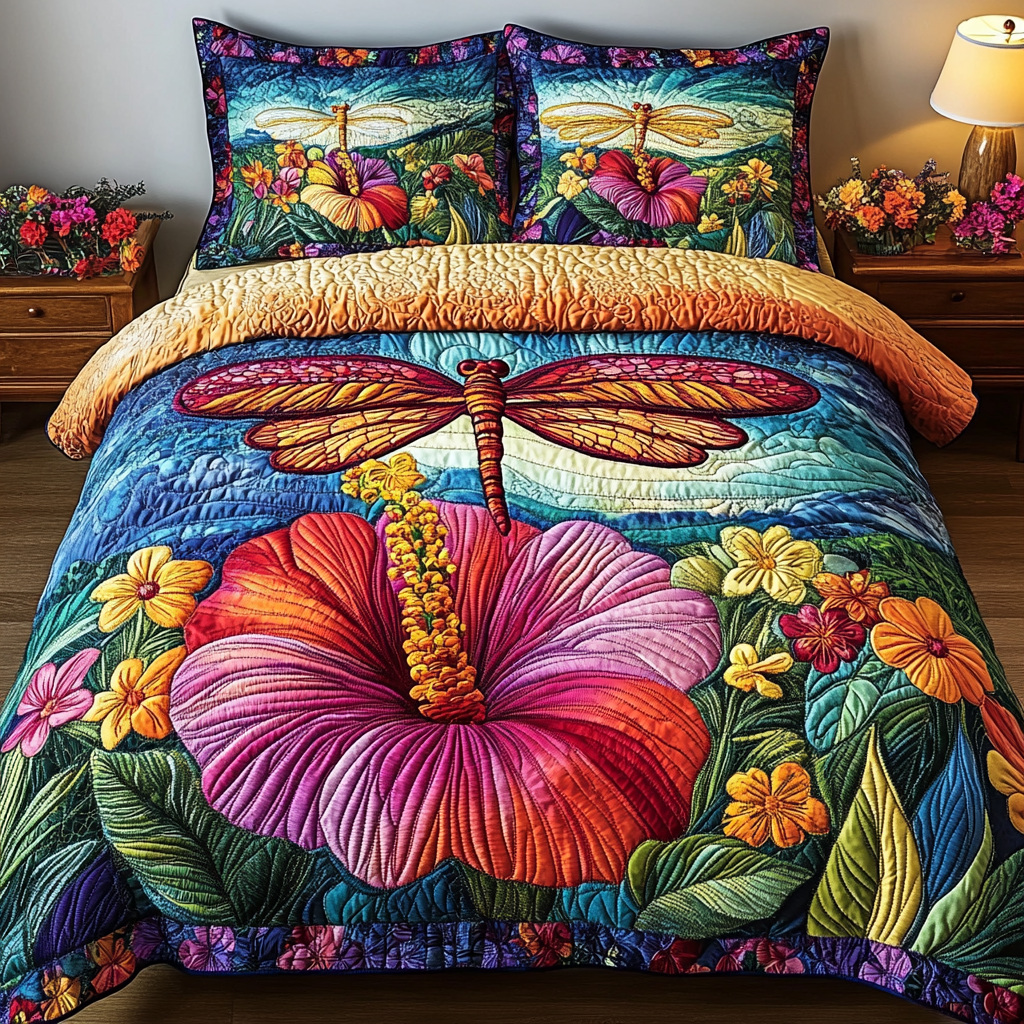 Fluttering Beauty Quilted Bedding Set Bedroom Decor Dragonfly Gifts For Girl