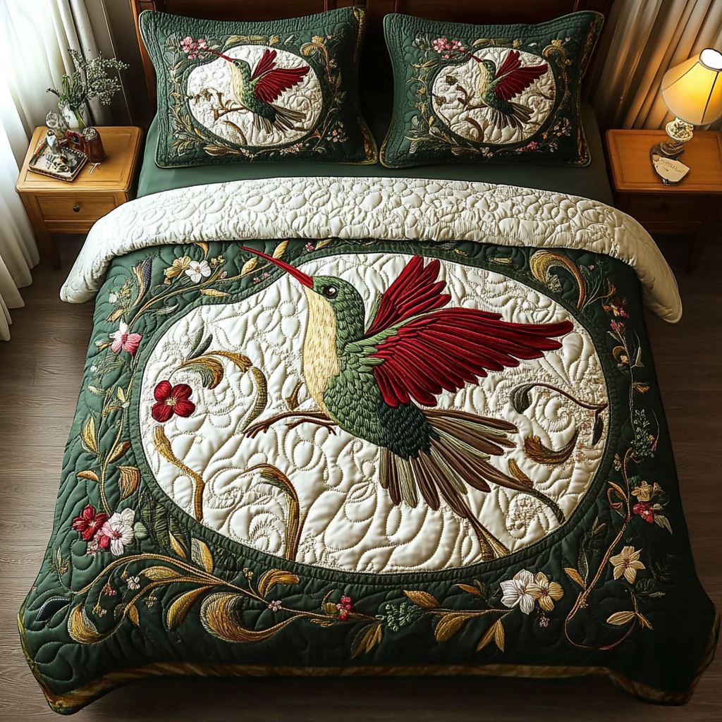 Fluttering Beauty Quilted Bedding Set Best Bedspread Set Great Hummingbird Lover Gift Ideas