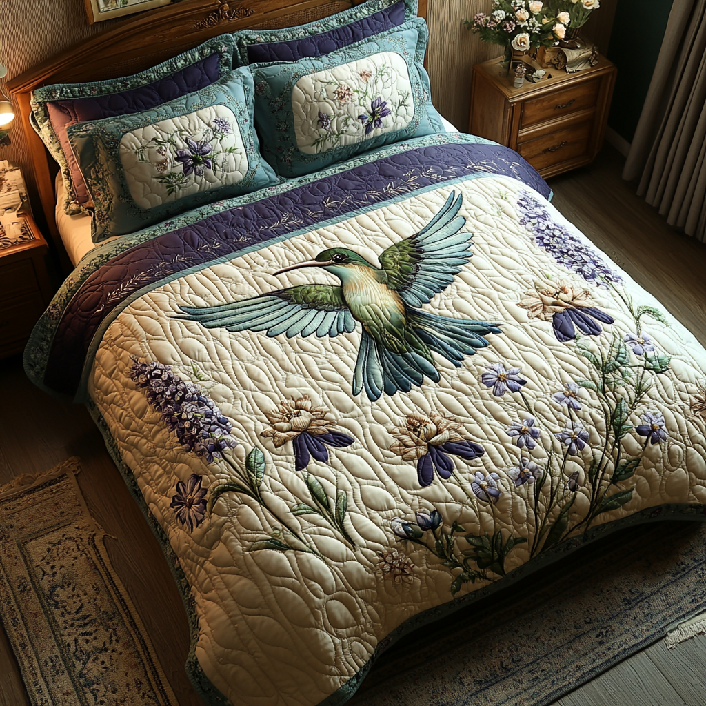 Fluttering Elegance Quilted Bedding Set Aesthetic Room Decor Gifts For Hummingbird Watchers