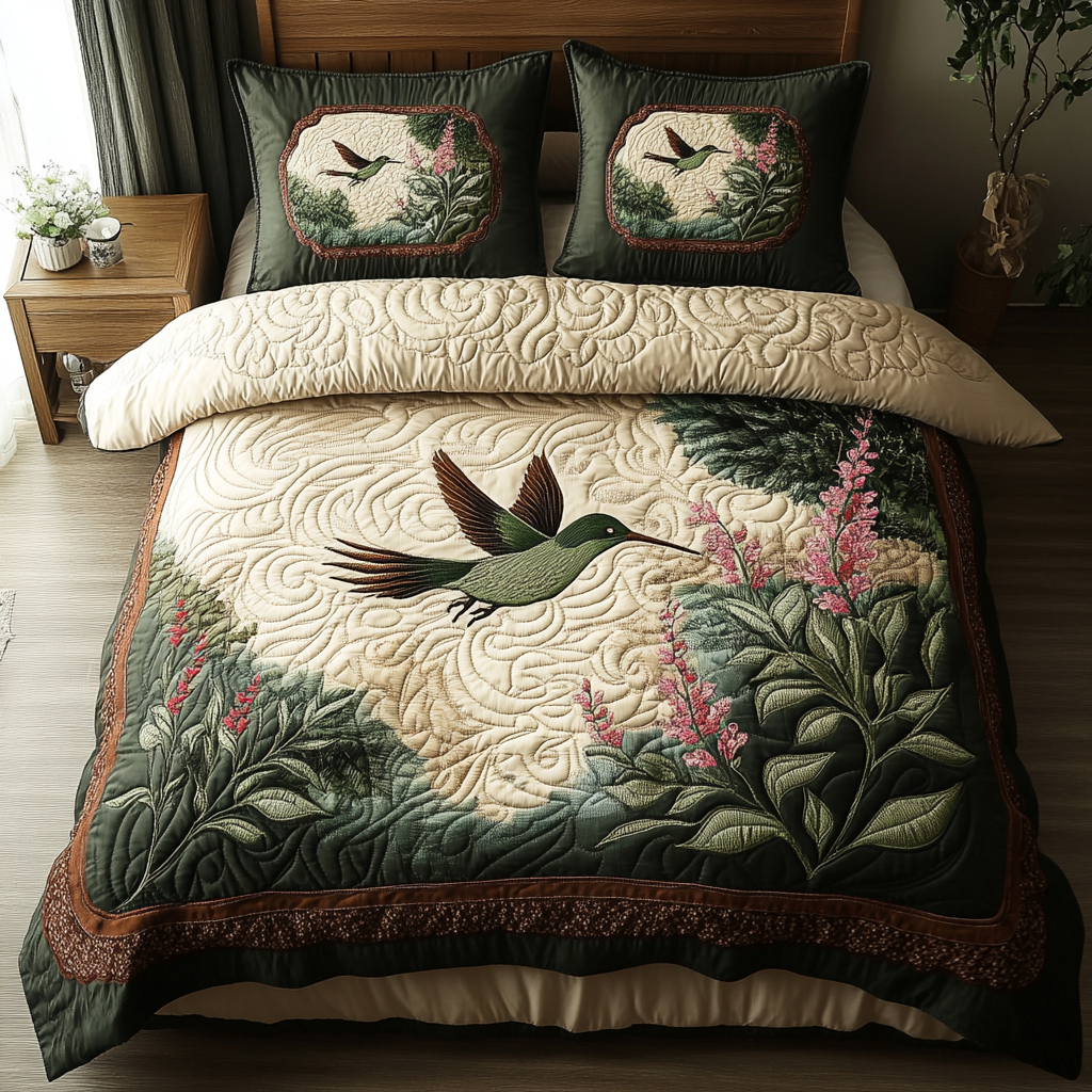 Fluttering Grace Quilted Bedding Set Bed Room Decoration Hummingbird Feeder Gift