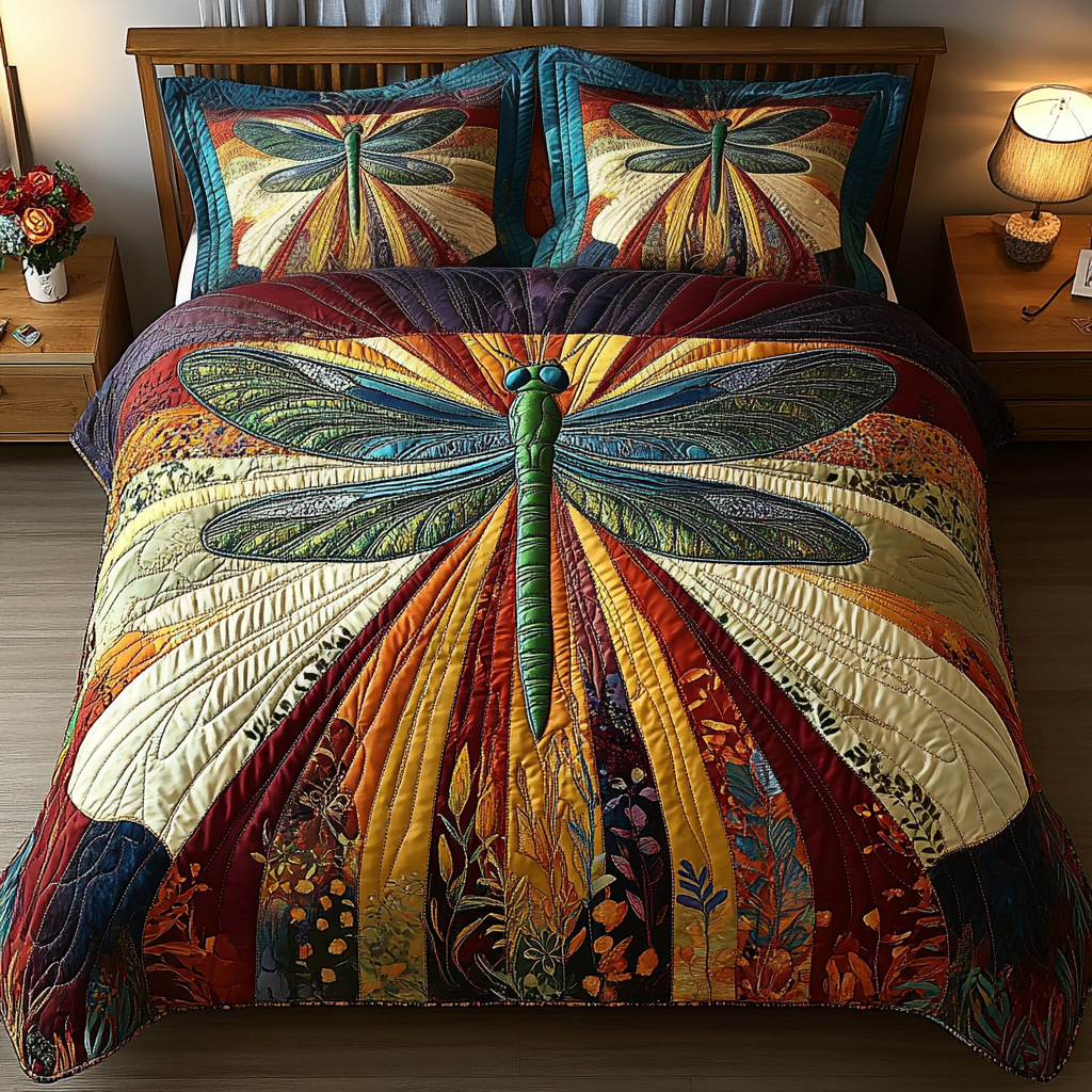 Fluttering Grace Quilted Bedding Set Cool Bedroom Decor Gifts For Dragonfly Lovers