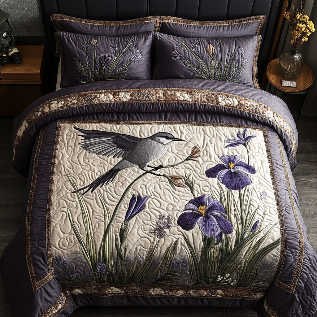 Fluttering Iris Quilted Bedding Set Cute Bedroom Decor Bird Lover Gifts For Her