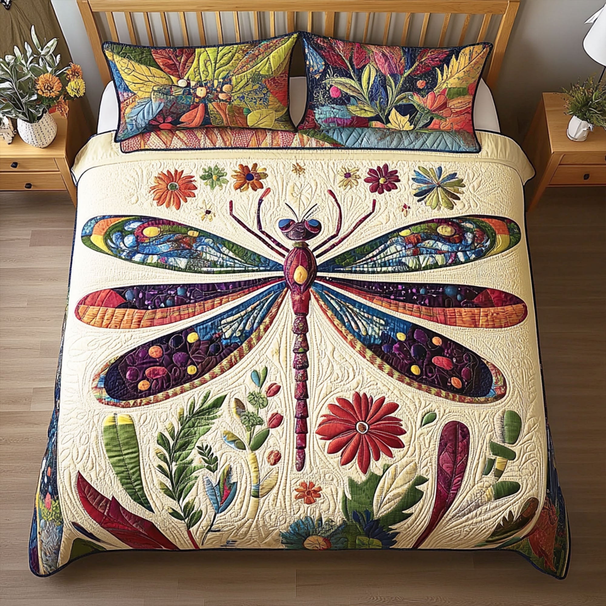 Fluttering Spirit Quilted Bedding Set Aesthetic Room Decor Gifts For Dragonfly Lovers
