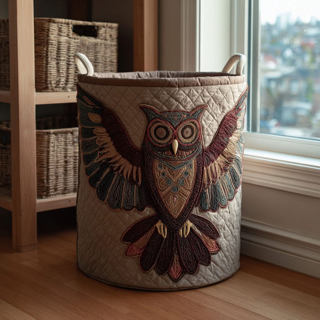 Flying Owl Wings Spread Quilted Laundry Basket Nature Home Decor Unique Best Gift For Owl Lovers