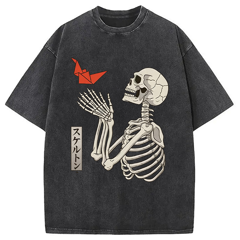Flying Paper Cranes Japanese Skeleton Washed T-Shirt Funny Graphic Gift For Friends Gifts For Friends Flying Paper Cranes Japanese Skeleton Washed T-Shirt Funny Graphic Gift For Friends Gifts For Friends