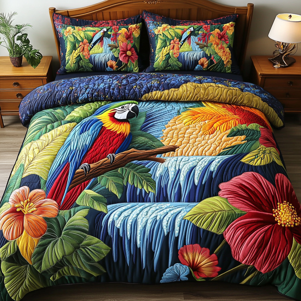 Flying Parrot Quilted Bedding Set Cool Bedroom Decor Gift For Parrot Lover