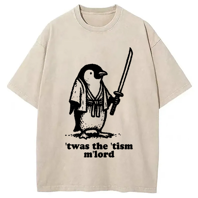 Focused Penguin Samurai Washed T-Shirt Unique Aesthetic Fashion Tee Gifts For Her