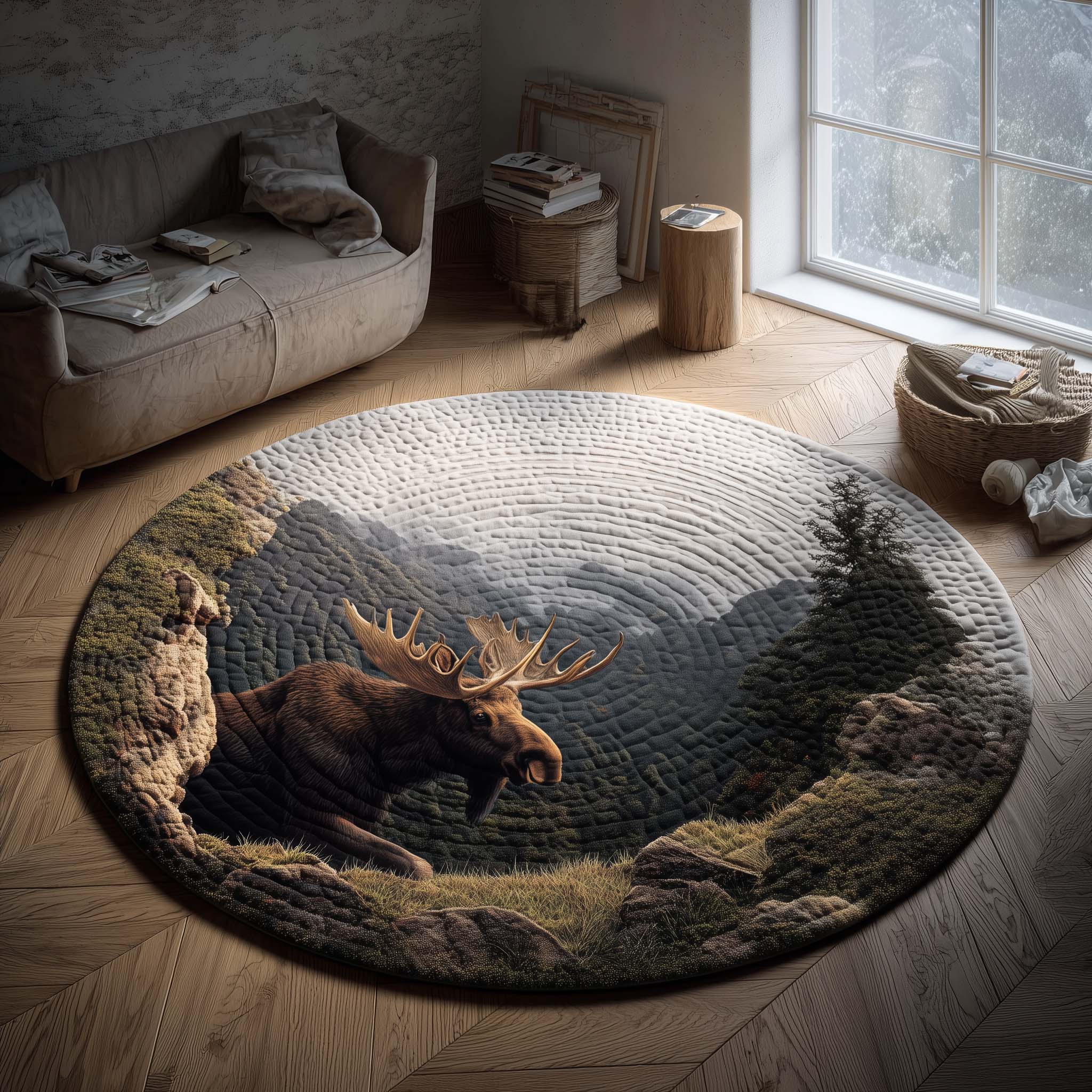 Fog Valley Moose Quilted Round Mat Vibrant Quilted Round Mat to Brighten Your Room