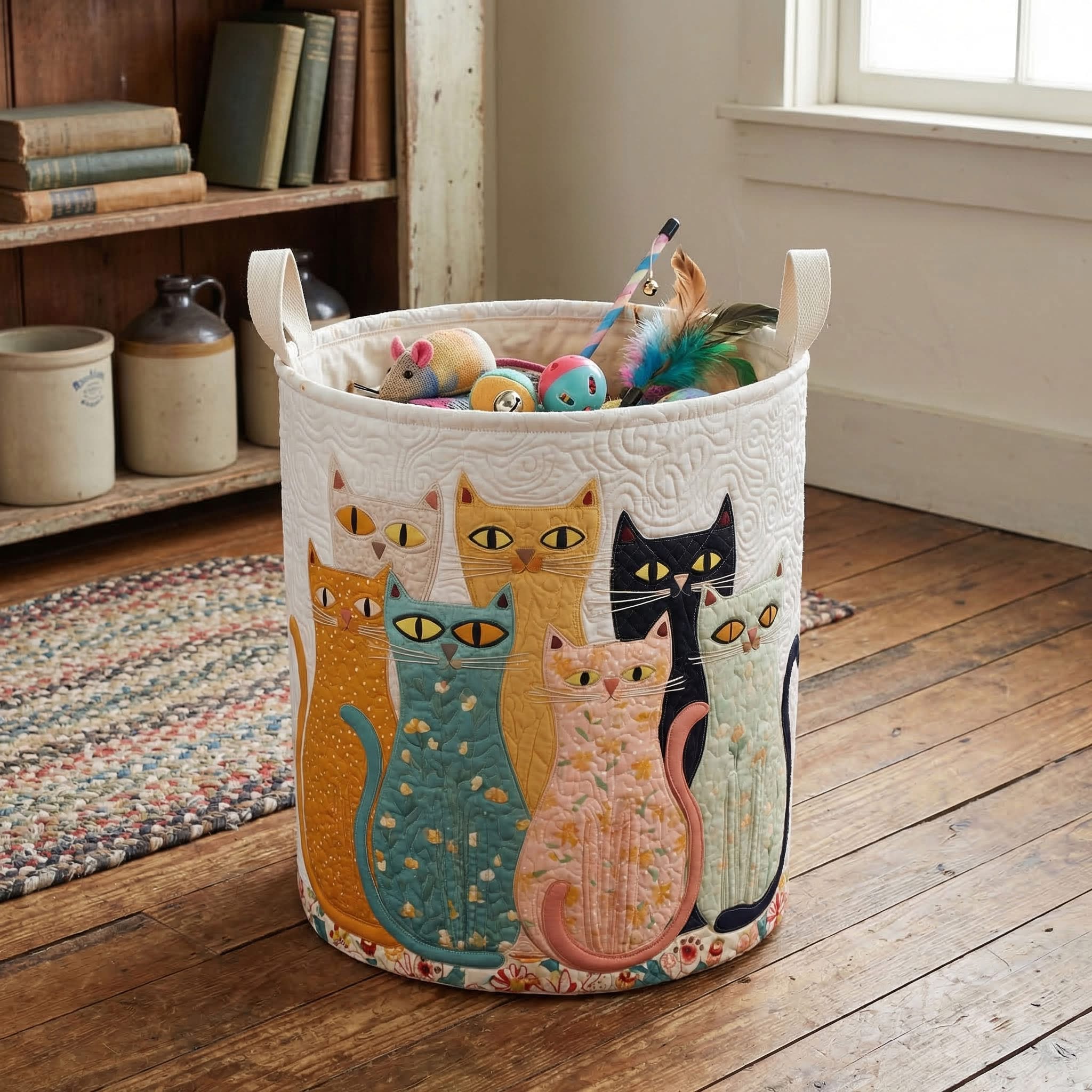 Folk Art Cat Crew Quilted Laundry Basket Cat Lover Storage Decor Best Gift For Cat Owners And Fans