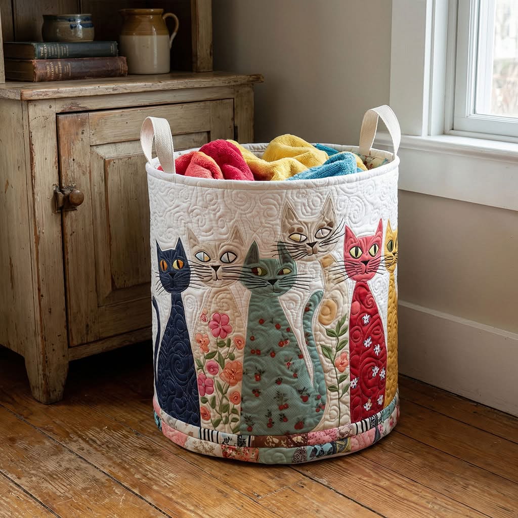 Folk Art Cats Floral Row Quilted Laundry Basket Cat Lover Home Decor Best Gift For Cat Parents Fans