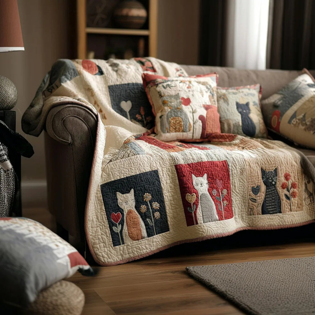 Folk Art Cats Quilted Blanket Whimsical Cat Patchwork Decor Best Gift For Cat Lover Fan