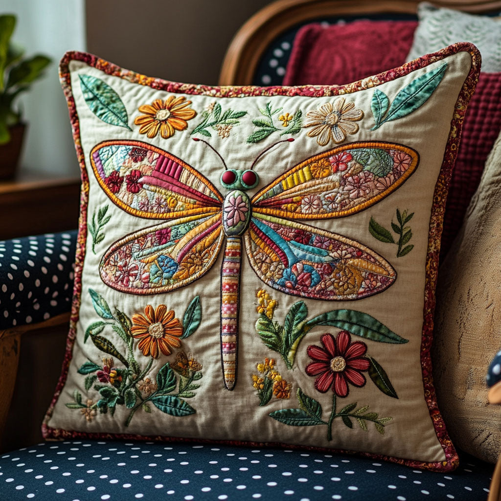 Folk Flight Quilted Pillow Case Square Pillow Covers Gifts For Dragonfly Lovers