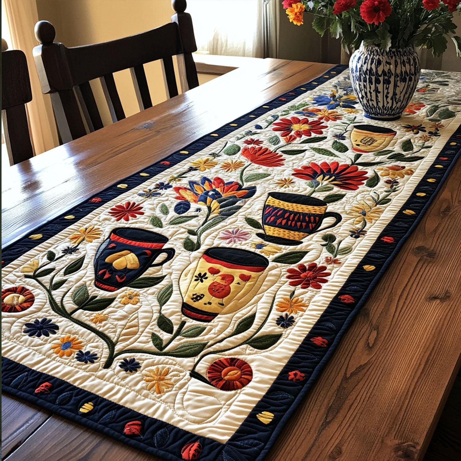 Folk Garden Quilted Table Runner Dining Table Decor Best Gifts For Bird Lovers
