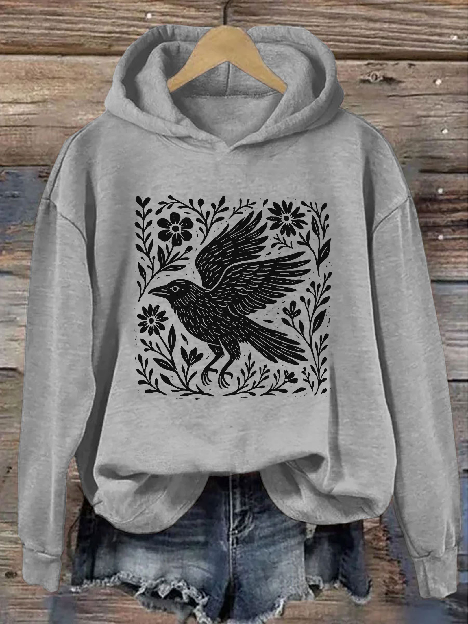 Folklore Forest Crow Lino Print Hoodie Boho Style Novelty Hoodie Crow Lover Gifts