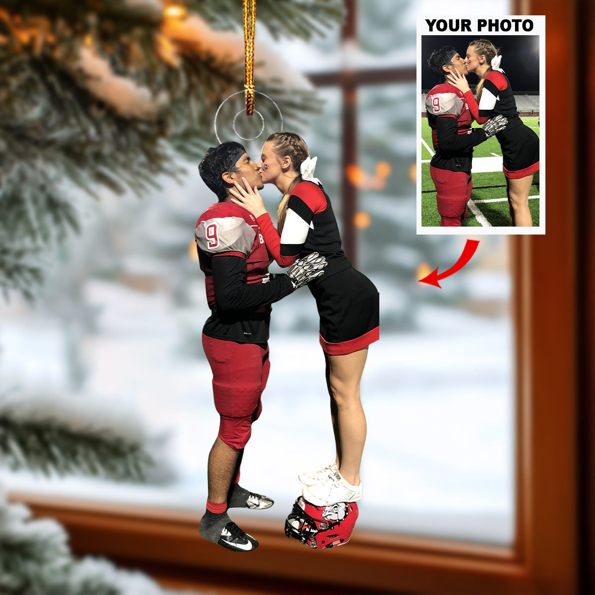 Football Cheerleader Couple Kiss Personalized Photo Mica Ornament Gift For Family members
