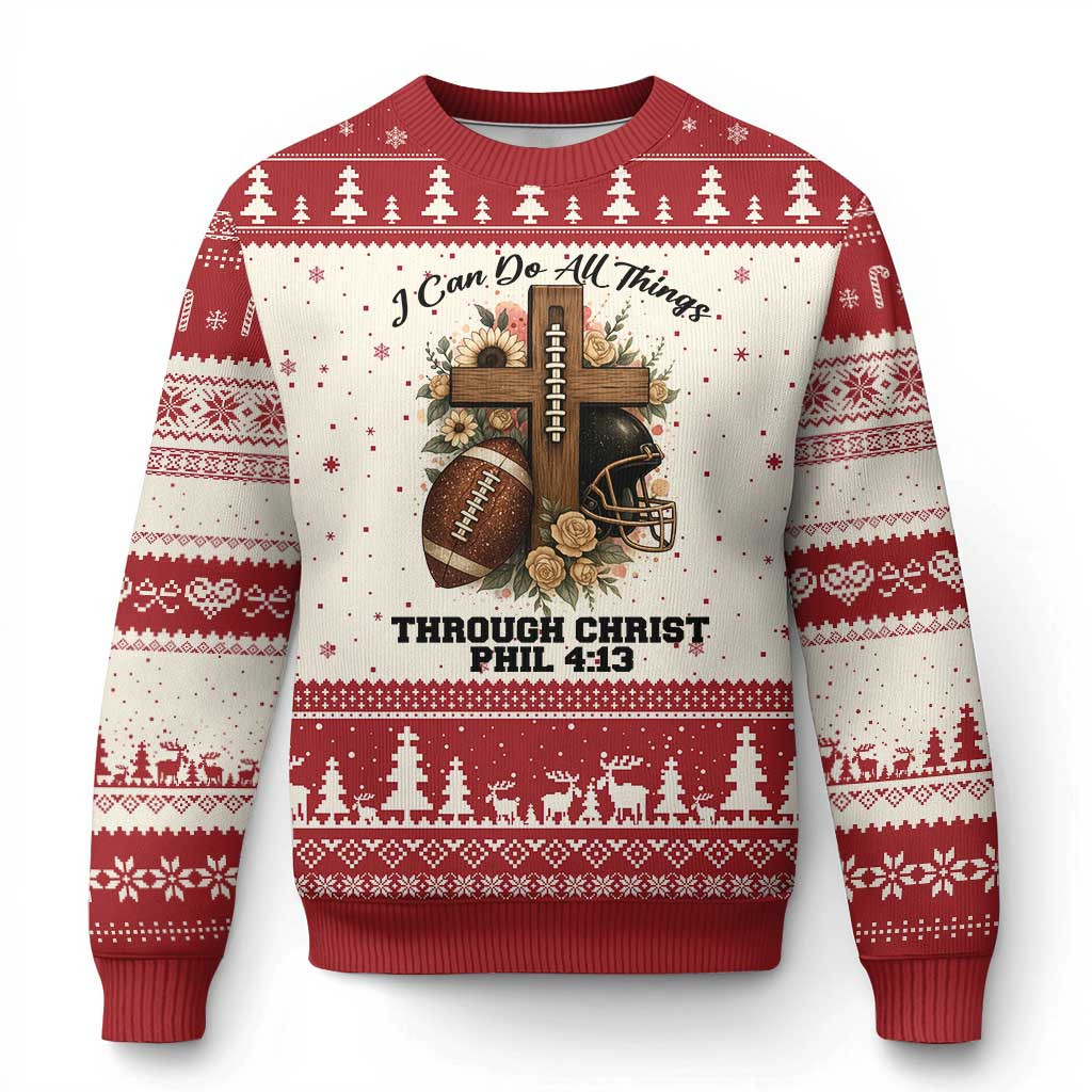 Football Cross I Can Do All Things Through Christ Ugly Christmas Sweater Top Faith Merch