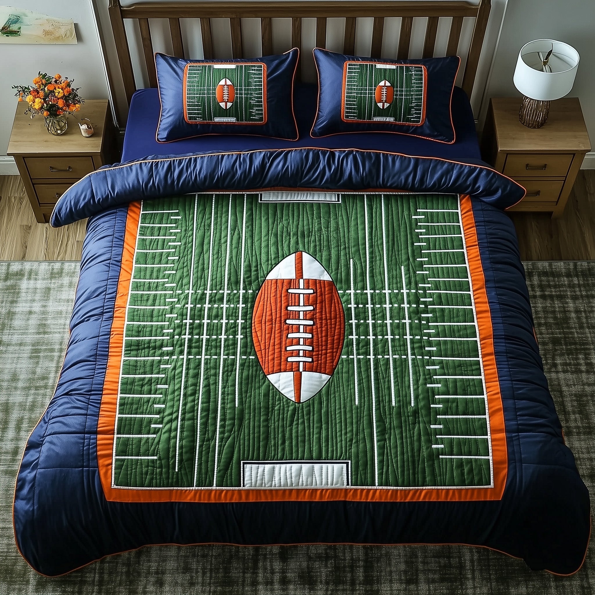 Football Field Quilted Bedding Set Duvet Cover Merchandise Gifts For Guys Who Like Football