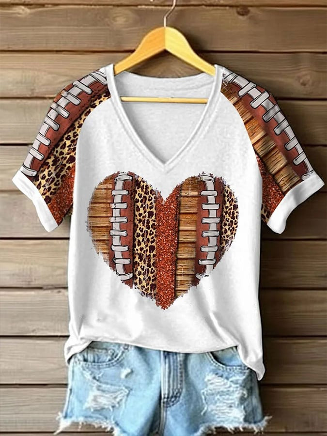 Football Hearted Shape V-Neck Shirt Game Day Clothes Unique Gifts For Football Lover