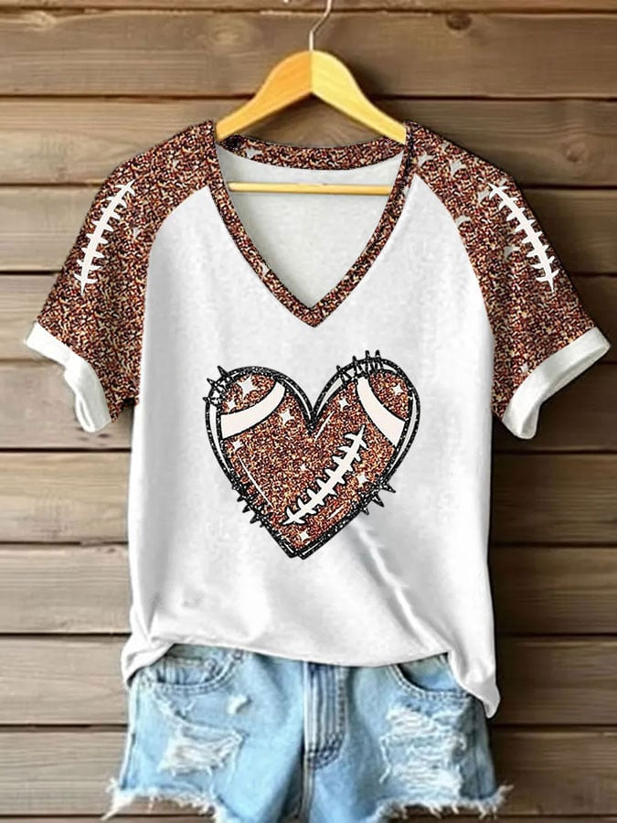 Football Hearted Shape V-Neck Shirt Game Day Clothes Women's Gift Ideas
